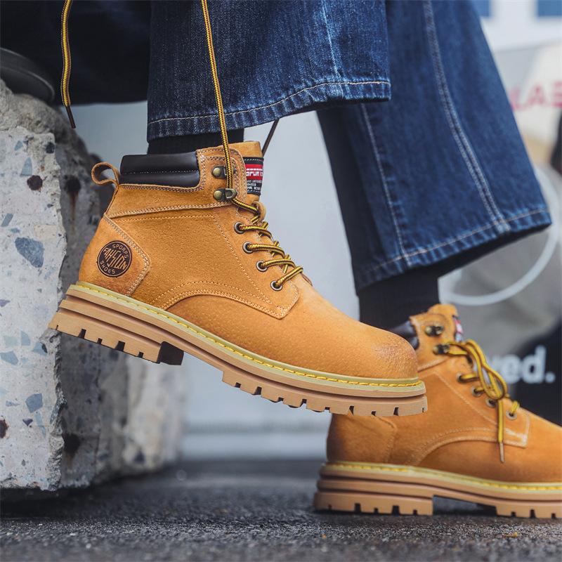 Big yellow boots trendy men's middle help outdoor casual tooling boots autumn and winter new versatile retro middle help short boots 2008-H