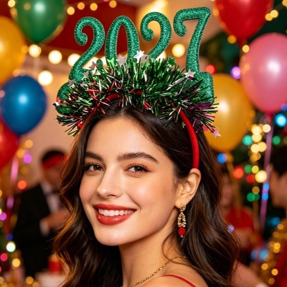 Creative Light‑Up 2027 New Year Headband Glitter Star Tinsel Christmas Head Hoop Flexible Colorful Party Hair Accessory Carnival
