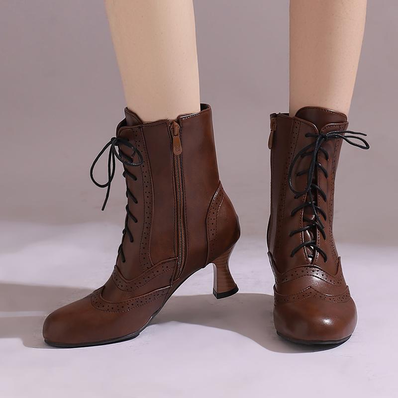 Women Boots Victorian Retro Ankle Boots Kitten Heels Shoes 2024 Autmn Winter Burnishing Holes Lace Up Cosplay Footwear