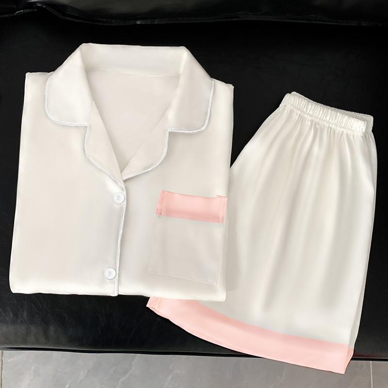 Solid Color Short-Sleeved Ice Silk Pajamas Women'S Summer Cool Casual Loose Silk Loungewear Set