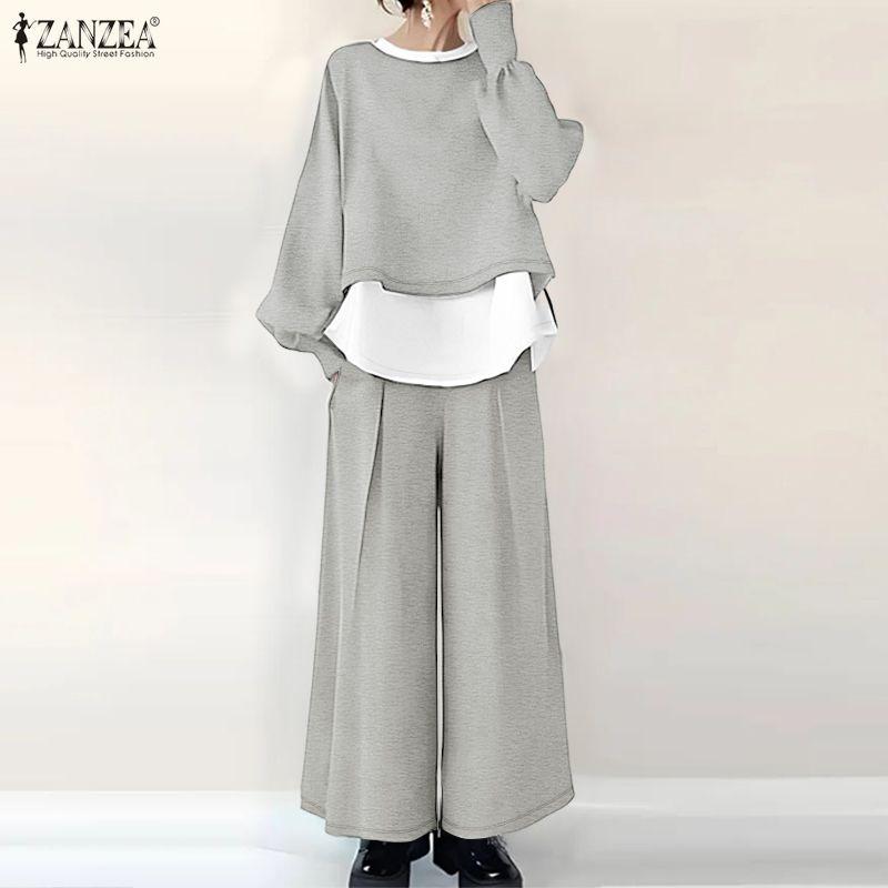 ZANZEA Women Casual Long Sleeve Blouse and Wide Leg Pants Two Piece Suit Sets