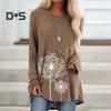 Women's Plus Size Tunic Top Dandelion Print Longline Shirt Crew Neck Long Sleeve Pullover Tee Casual Loose Fit Blouse for Work Daily Life