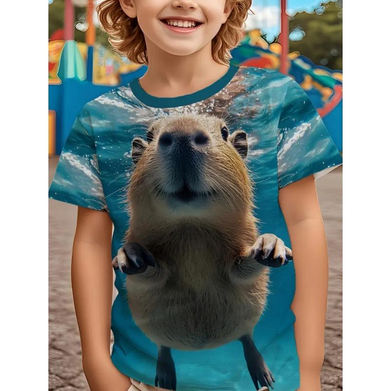 Nowa Koszulka z Krótkim Rękawem ze Zwierzętami Śliczny Nadruk ze Wzorem Kapibary Szybkoschnąca Koszulka z Okrągłym Dekoltem Casualowa Koszulka z Kreskówką dla Dzieci