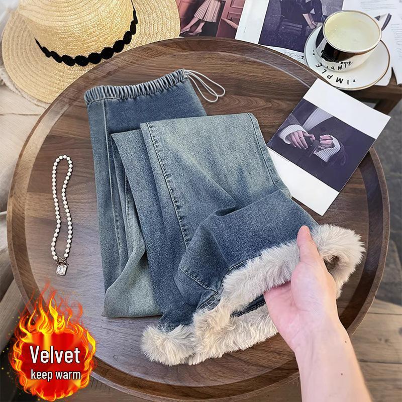 Warm Velvet Furry Flare Maternity Jeans: Cozy Winter Bell Bottom Pants L