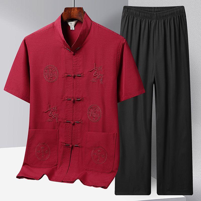 Embroidery Kung Fu Tai Chi Set Plus Size Cotton Linen Men Tang Suit Hanfu Chinese Style Casual Short-Sleeved Shirt Trousers Suit