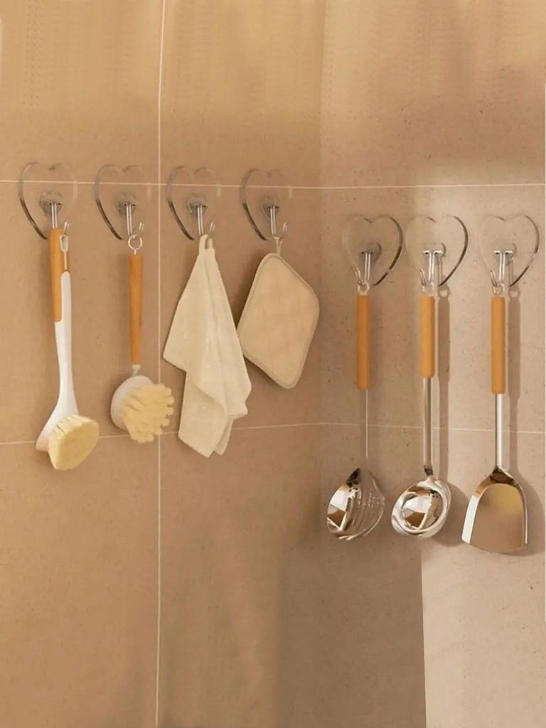 50Pcs Heart Shaped Transparent Adhesive Hooks Powerful No Drill Wall Hangers For Kitchen Bathroom