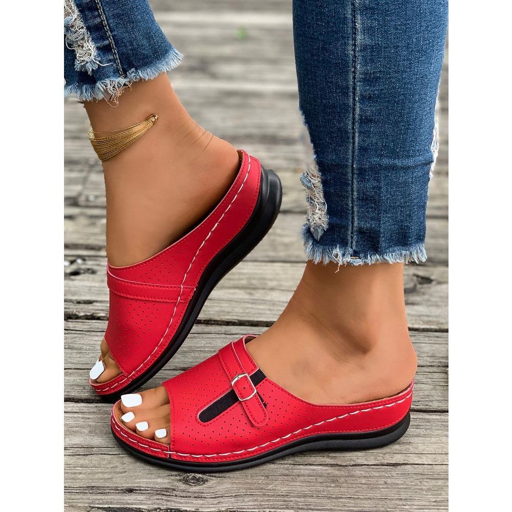 Übergröße Damen Metall Schnalle Eine Riemen Keilabsatz Sandalen, Sommer Dicke Plateau Peep Toe Erhöhte Freizeit Schuhe