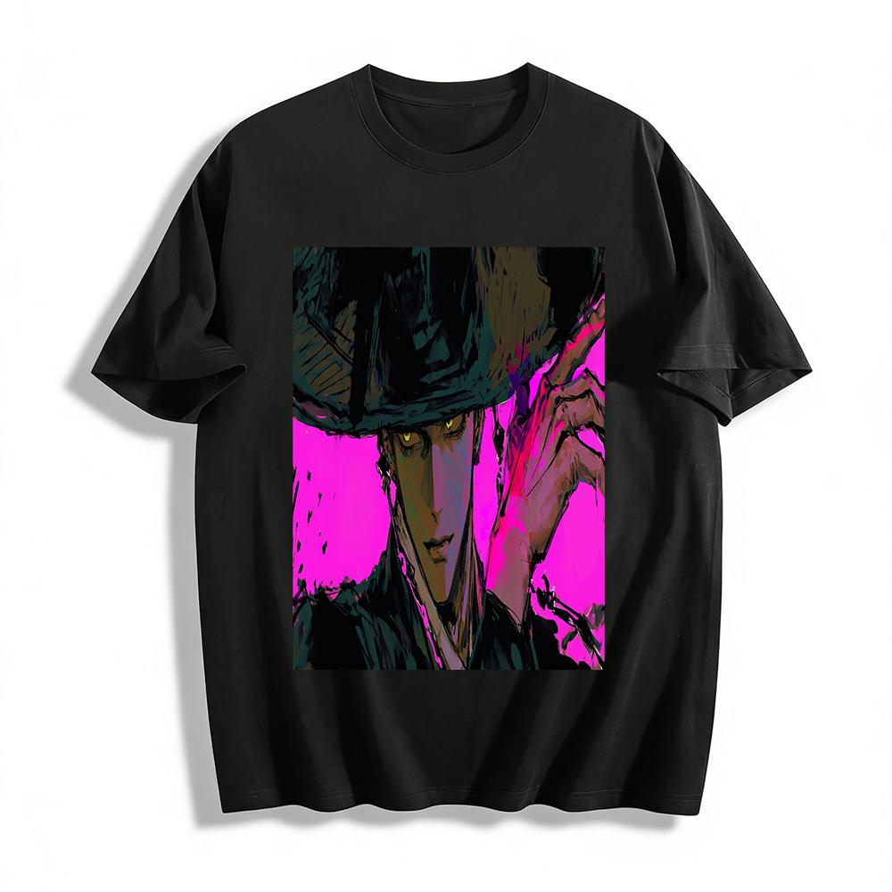 

Dark Style Bamboo Hat Cool Character Print Trendy T-shirt Street Retro Loose Unisex Top Pure cotton T-shirt XXS
