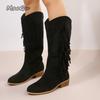 Fashion Western Cowboy Knee-High Boots Black Brown Tassels Women's Low Heel Botas Slip on Pointed Toe Riding Boots Suede PU Leather