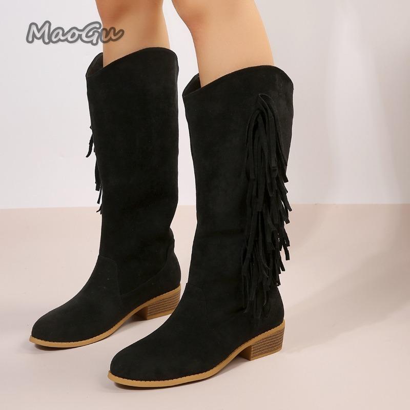 Fashion Western Cowboy Knee-High Boots Black Brown Tassels Women's Low Heel Botas Slip on Pointed Toe Riding Boots Suede PU Leather
