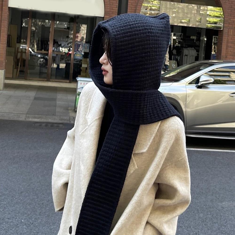 Knitted Hooded Caps Outdoor Hooded Scarf Winter Balaclava Hats Thicken Autumn Winter Neck Protector Headgear Solid Knit Beanies