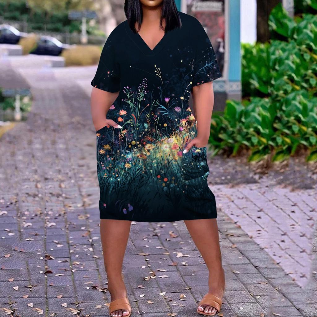 Summer Plus Size V Neck Short Sleeve Knee Pocket  Print Casual Dress For Women