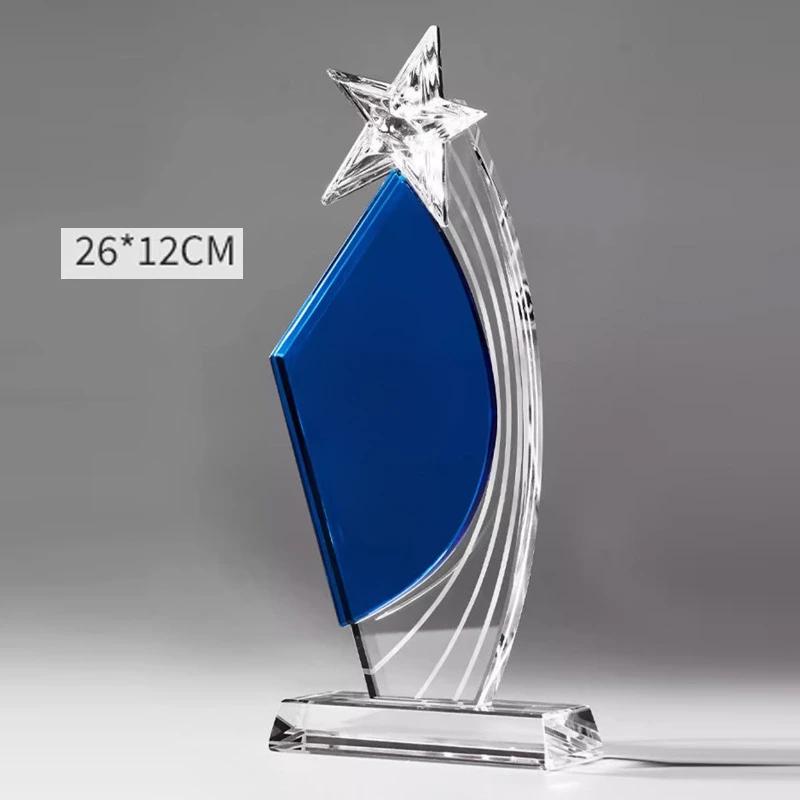 Customized Pentagram Crystal Trophy, Excellent Staff Annual Meeting Awards, Home Decoration, Blue Transparent Crystal Medal, 1Pc