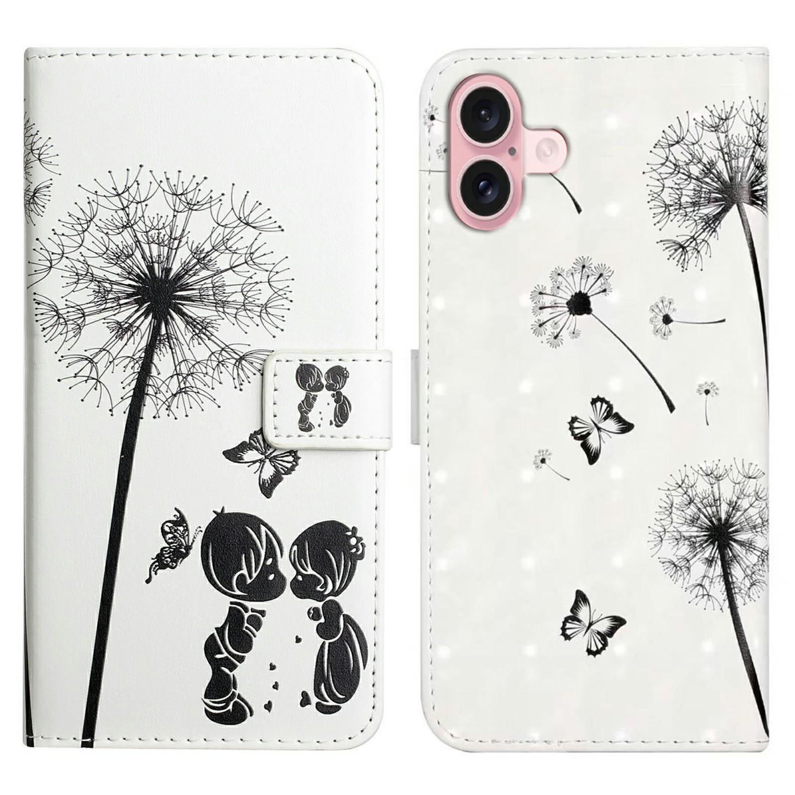 

For iPhone 16 Case 3D Creative Pattern PU Leather Stand Phone Cover Kids and Dandelion