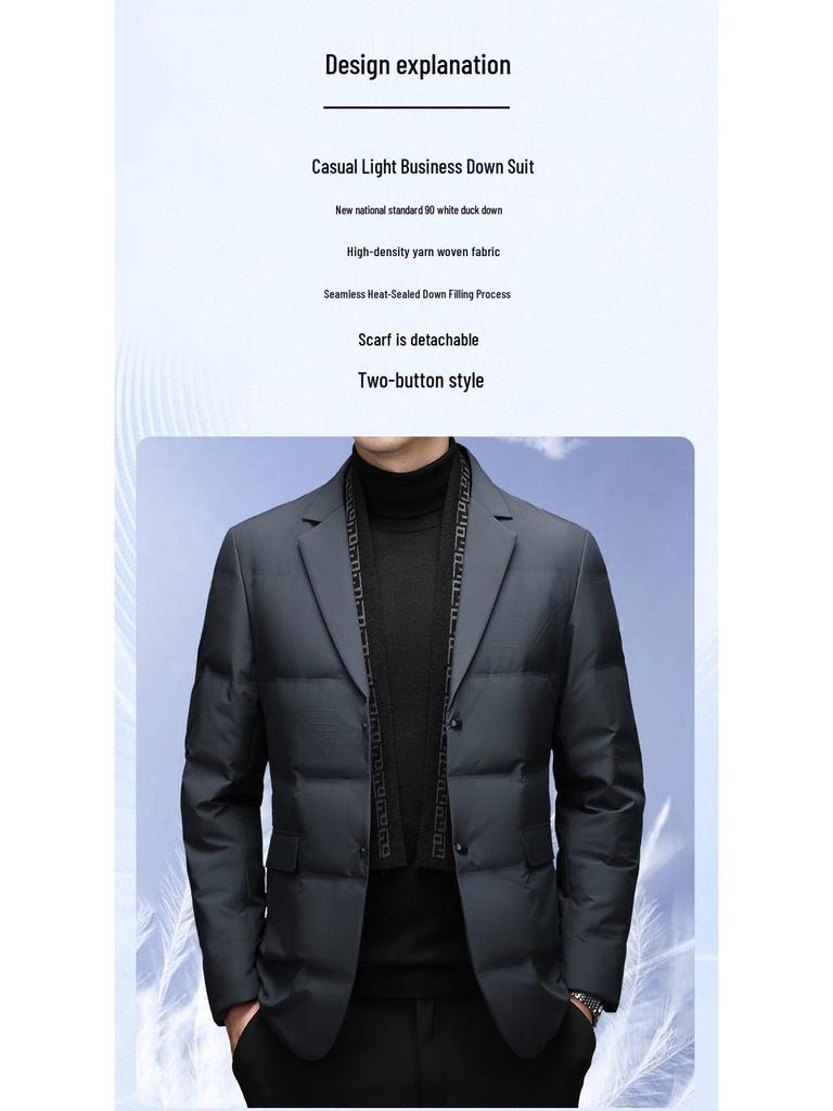 Men's Winter Suit-Style White Duck Down Jacket with Detachable Scarf, 90% Down Filled for Cold Protection and Warmth.