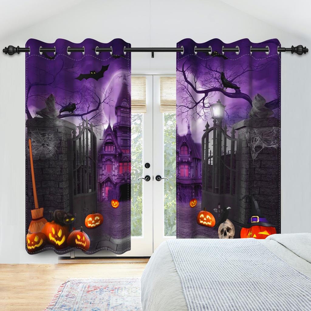 2pcs/set Horror Halloween Window Curtain Night Gate Skeleton Home Bedroom Living Room Decor Blackout Polyester Fabric Curtains