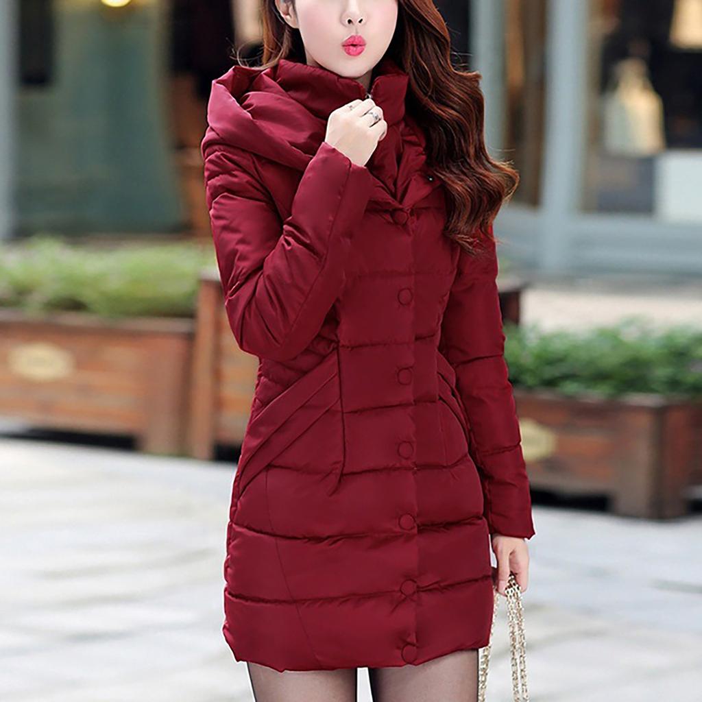 Womens Ladies Warm Plus Size Solid Color Hooded Single Breasted Medium Length Cotton Jacket Waistcoat Slim Cardigan Coat