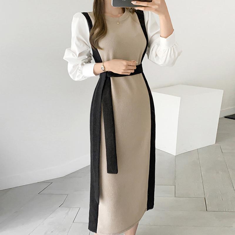 Vintage Frühling Herbst Frauen Lange Kleid Oansatz Volle Hülse Spitze-Up Patchwork Weibliche Pullover Kleid Dünne Gestrickte Vestidos 2021