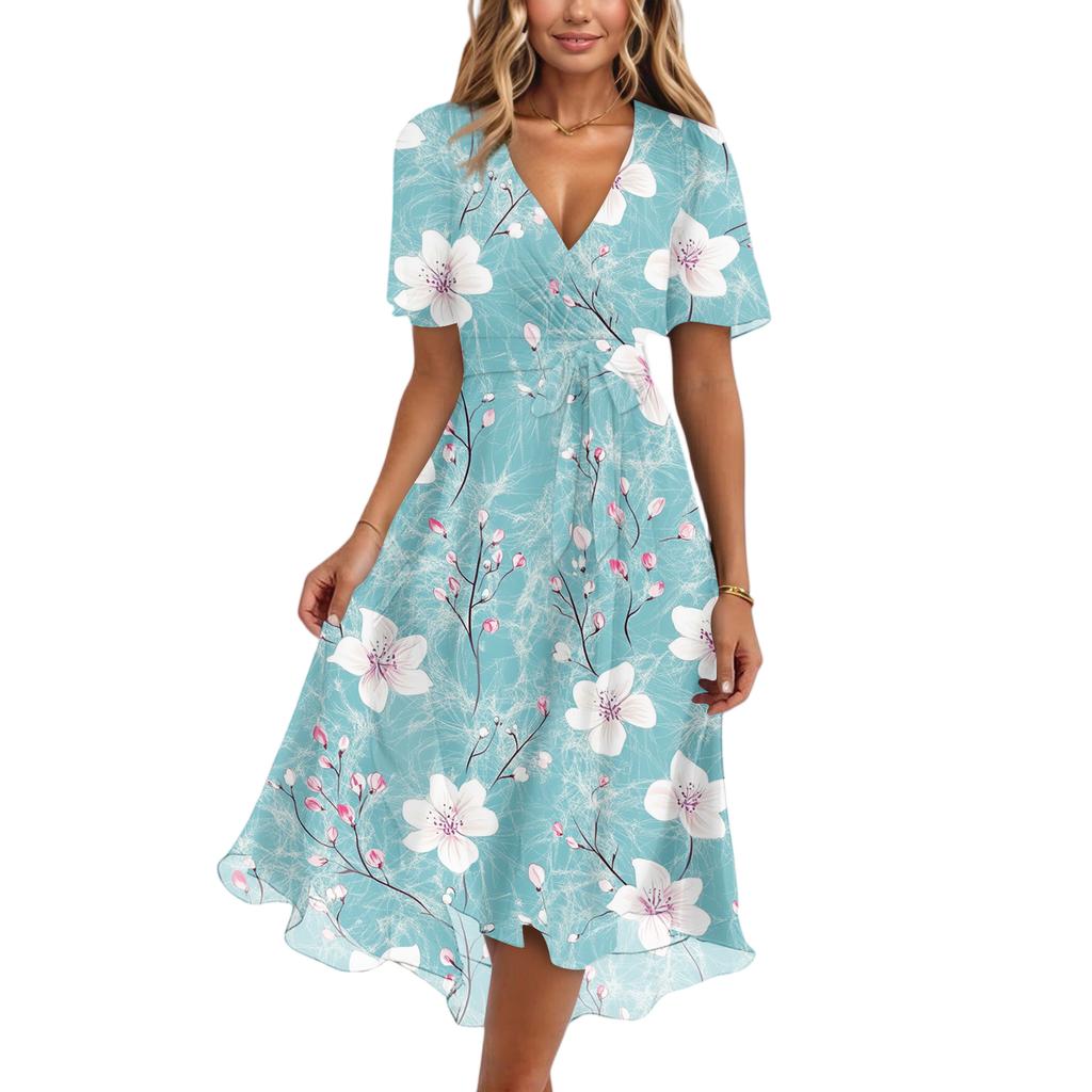Damenmode Lässig V-Ausschnitt Kurzarm Rüschen Vintage Bedruckte Kleider