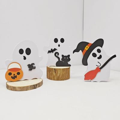 Festives Halloween Wood Ghostly, Black Cats Brooms Pumpkins Table Decorations Wood Tiered Tray Decoration Table Sign