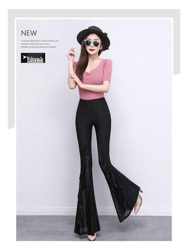 2025 Spring Black Lace High-Waisted Wide Leg Fishtail Pants