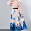 Spring Autumn Women Full Sleeve Print Oversized Long Maxi Holiday Party Pleated Dresses with Belt