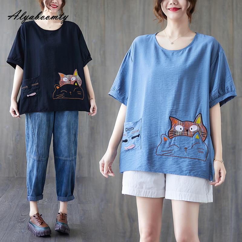 Korean Style Plus Size Summer Women Ramie Top O Neck White Black Blue Casual Loose T-Shirt Cartoon Embroidery Oversized Ladies' Tee