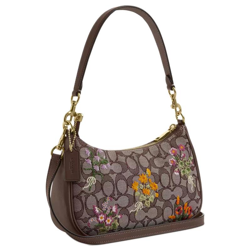 Coach Shoulder Bag Teri 25 Floral Embroidered Zip Closure Detachable Top Hand Strap Signature Jacquard and Smooth Leather Medium Women's Oak