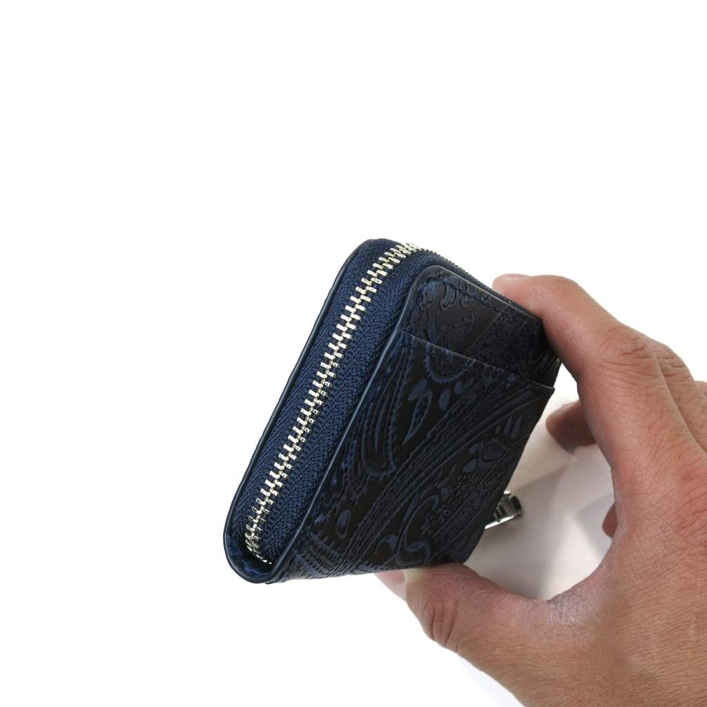 Baggy Port Coin Leather with Paisley Embossed Case, Indigo-Dyed Pattern, Men's, Women's, Unisex, ZYS-199 (Dark Blue)