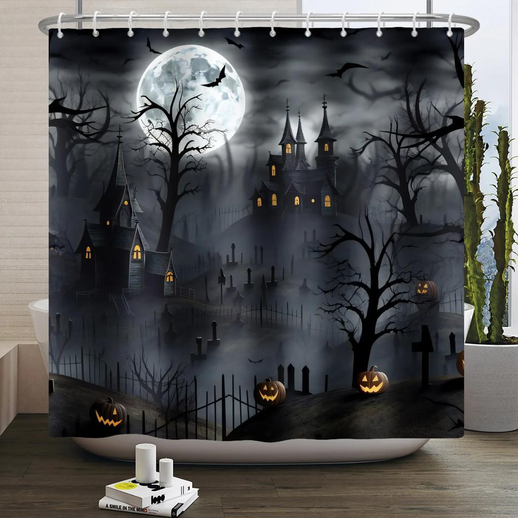 Halloween Duschvorhang Horror Mondnacht Kürbis Schädel Skelett Gruseliges Schloss Hexe Geist Friedhof Wasserdicht Badezimmervorhänge