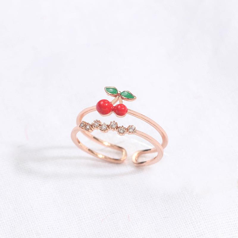 Color Retention Sweet And Cute Dripping Cherry Ring, Simple Double-Layer Micro-Inlaid Zircon Adjustable Ring opening adjustable