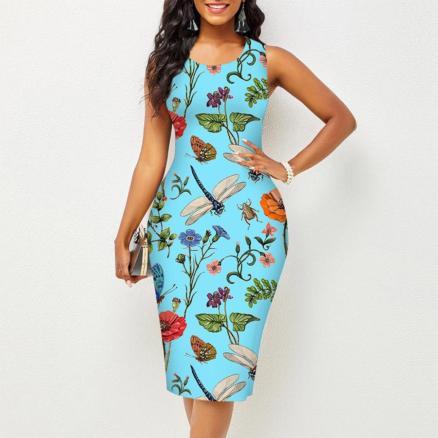 Women's Dress Sling Summer Butterfly Dragonfly Flower Print Dresses Tight Sleeveless Slim Fit Sexy Fashion Top Clothing
