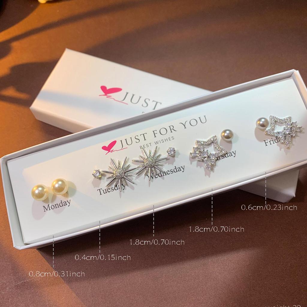 Weekly Earring Set: Flower Zircon Studs, Simple Ear Cuffs, Pearl Tassel French Earrings - 5 Pairs