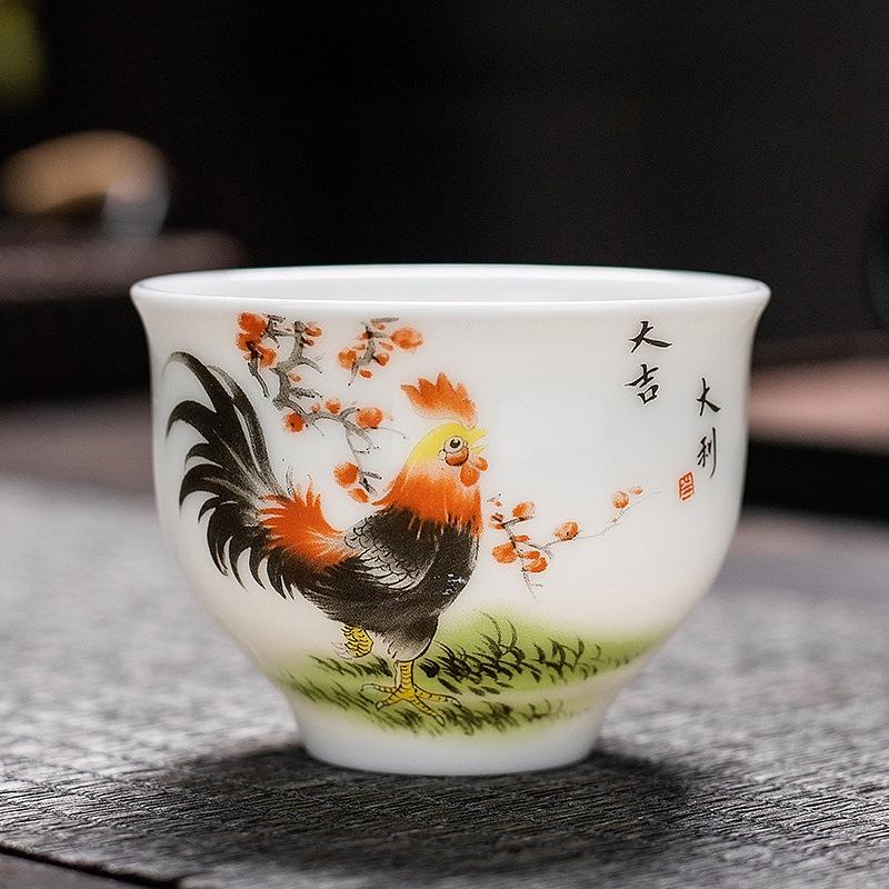 Cylinder Cup Chicken Ceramic Chinese Tea Cup Sheep Fat Jade Rooster Tea Cup Kung Fu Tea Ceremony Accessories Drinking Utensils
