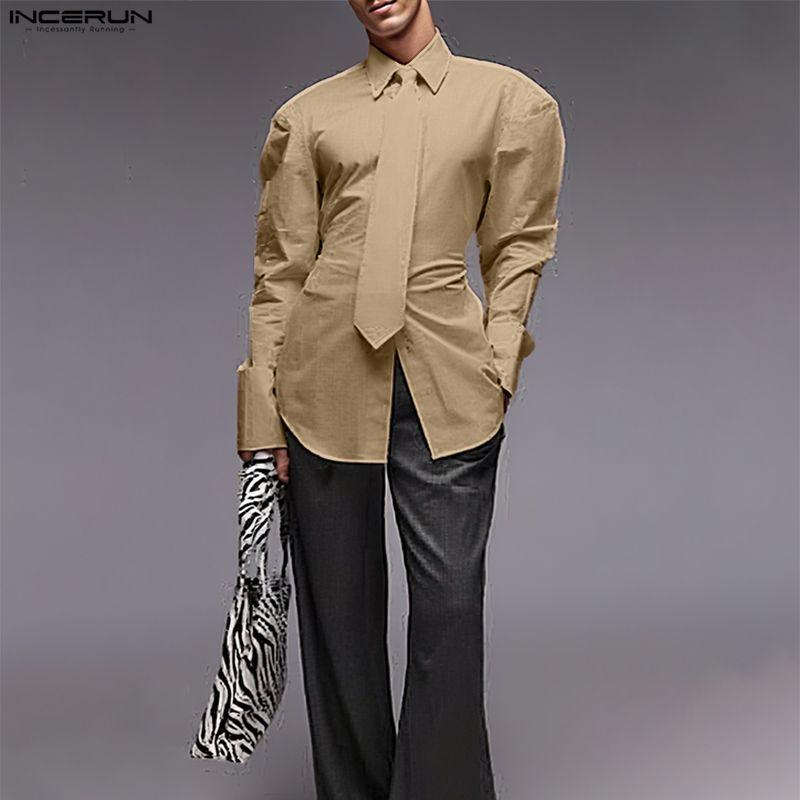 INCERUN S-5XL Men Casual Lapel Neck Long Sleeve Lace-up Waist Loose Shirts Tops