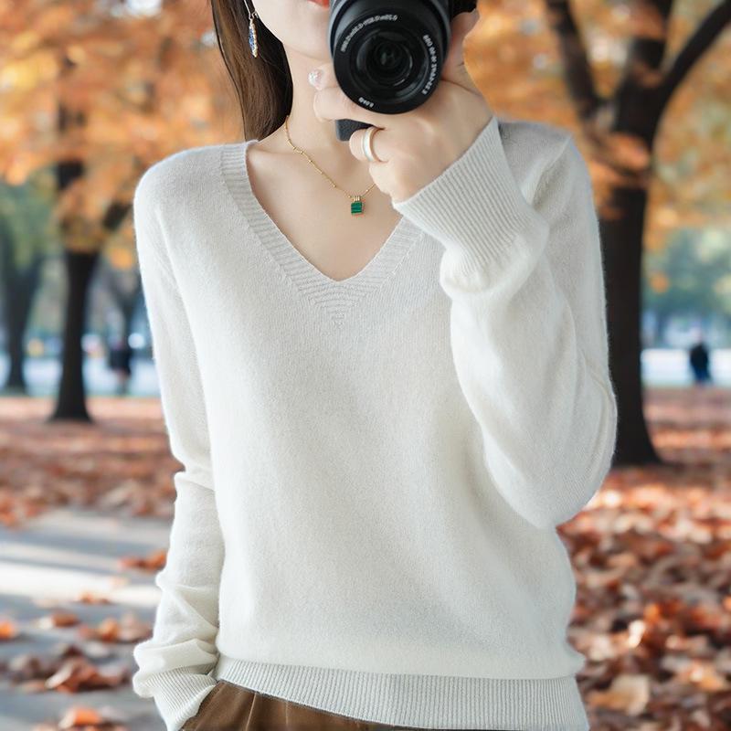 Jednobarevný pletený spodní svetr s výstřihem do V, tenký svetr, westernový styl, vnitřní vrstva