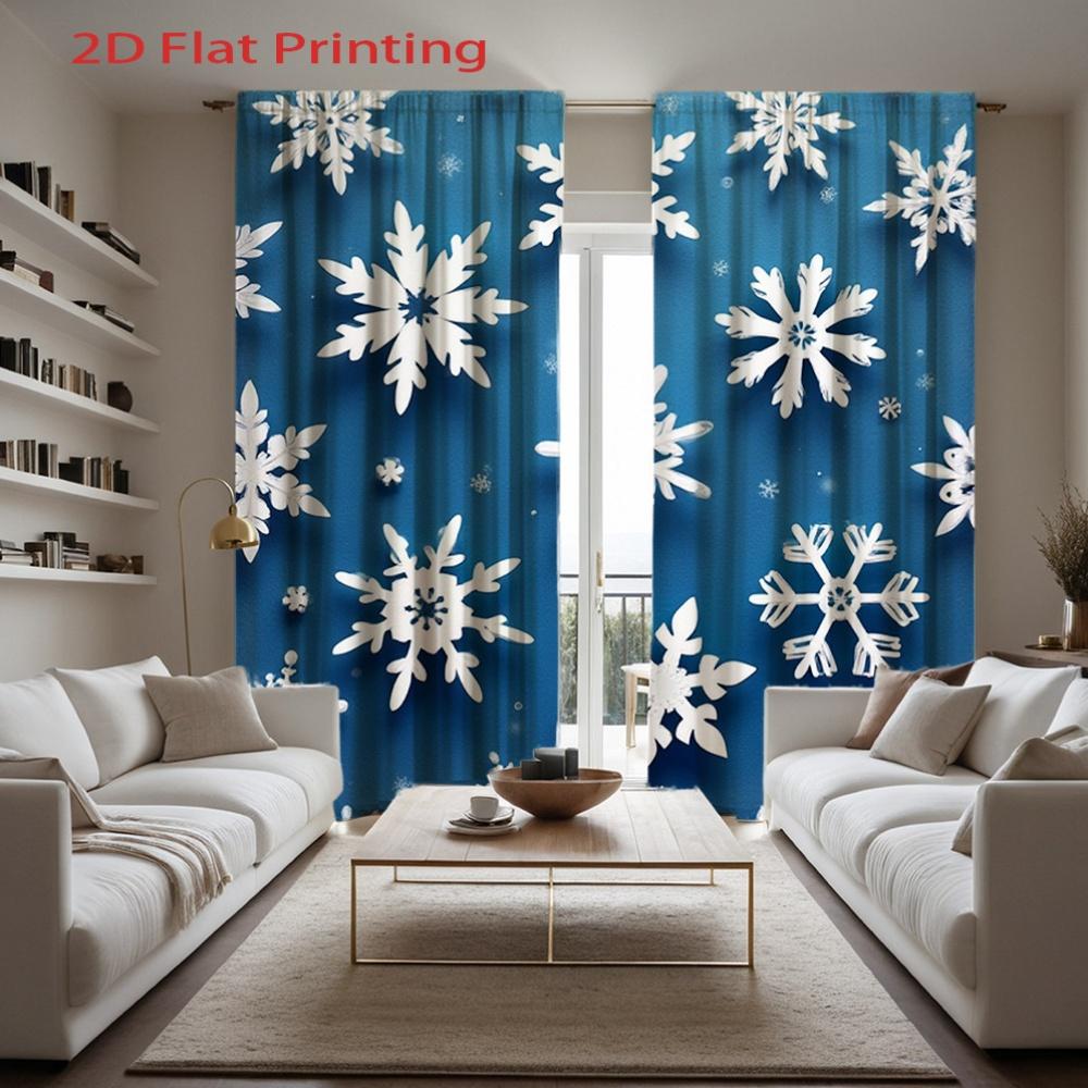 2pcs   2D Flat Printing Curtains Blue Background Snowflake Pattern Curtains for Winter Christmas Home Decor Rod Pocket Curtain
