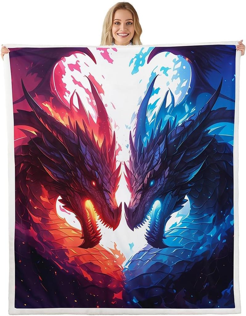 GUOYU Blanket Dragon Fleece Throw Blanket Japanese Ukiyoe Theme Sherpa Blanket Queen for Bed Sofa Couch Girls Japanese Style Plush Blanket