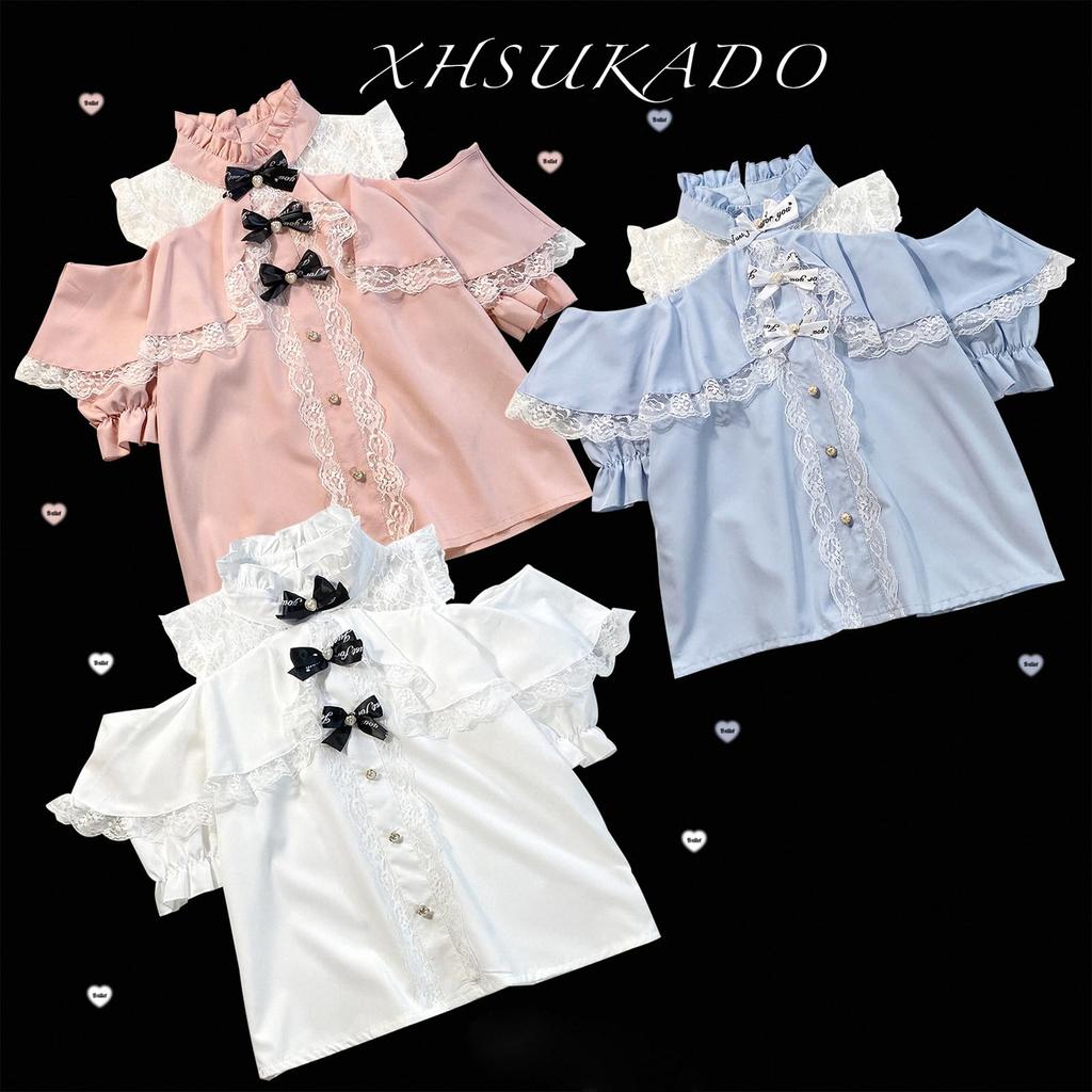 Short Detachable and Lolita Neat and Girly [XHSUKADO] Women's Open-Shoulder Blouse, Cute, Stand-Up Collar, Sleeves, Ribbon, Ruffles, Lace.