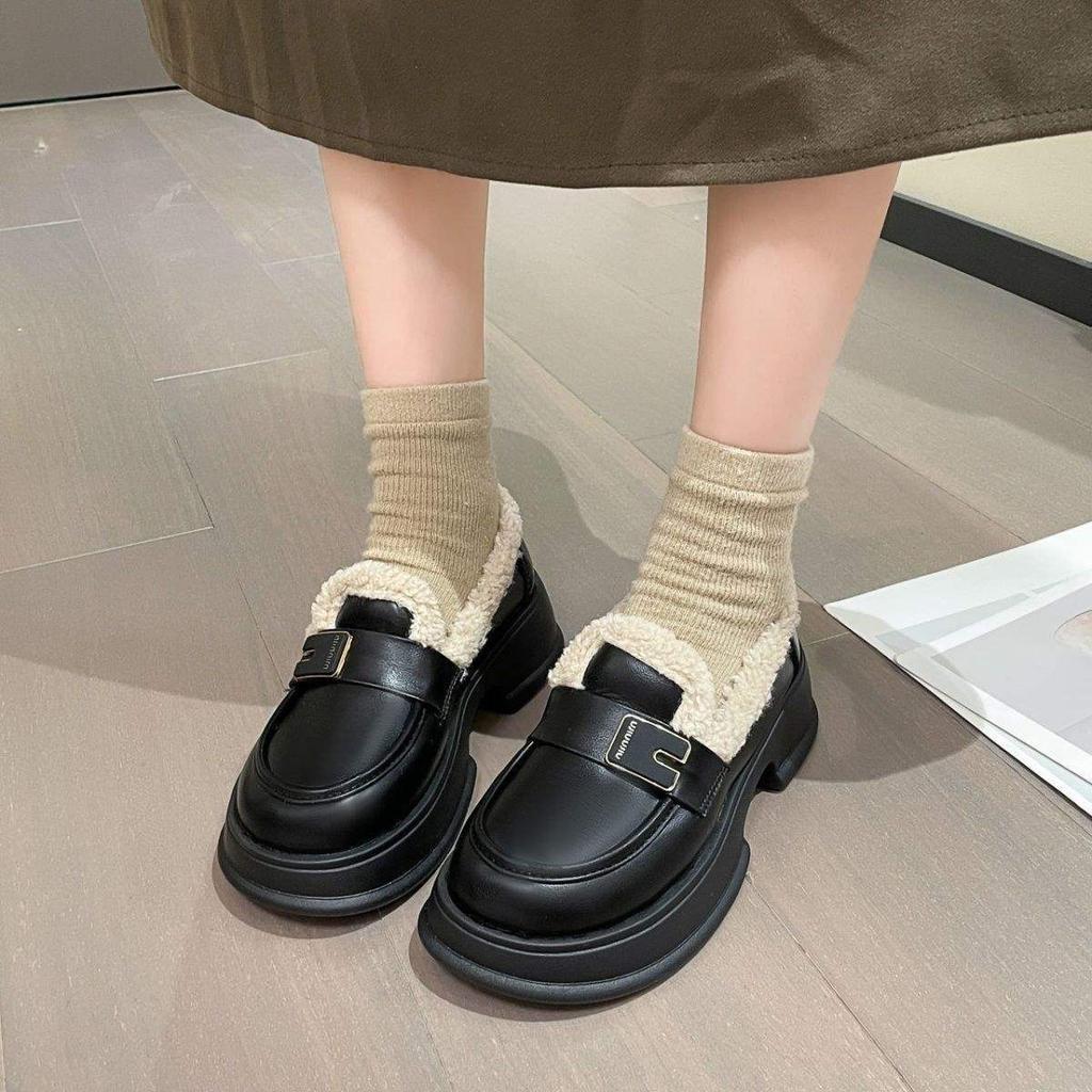 Fleece Platform Small Leather Shoes Women's 2025 New Autumn and Winter Cotton Warm Loafers Retro Versatile British Cotton Shoes