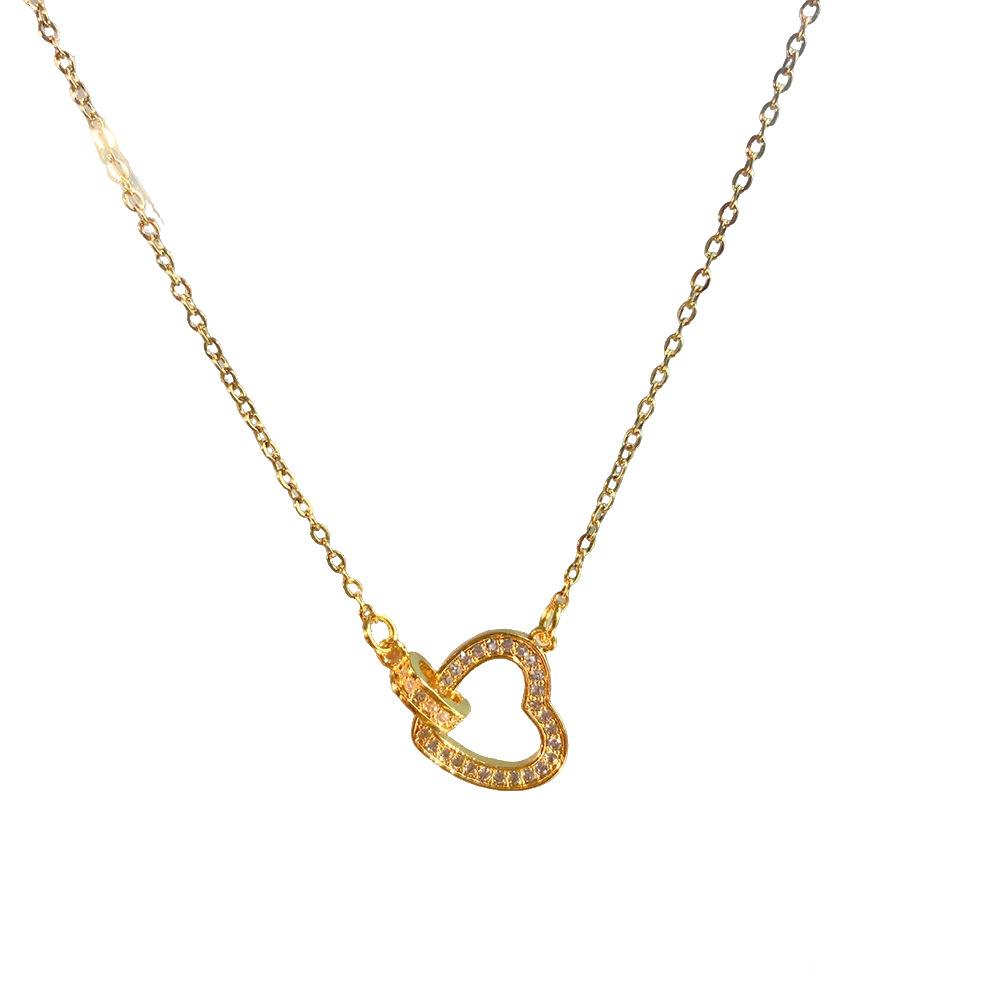 2026 Elegant Interlocking Heart Necklace - Full Zircon Micro-Pave Titanium Steel Double Ring Pendant Necklace for Women