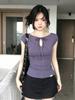 American Spice Girl Style Lace-up Hollow Short Sleeve T-Shirt Women's Summer Pleated Design Sense Waist Skinny Shoulder Top Tee