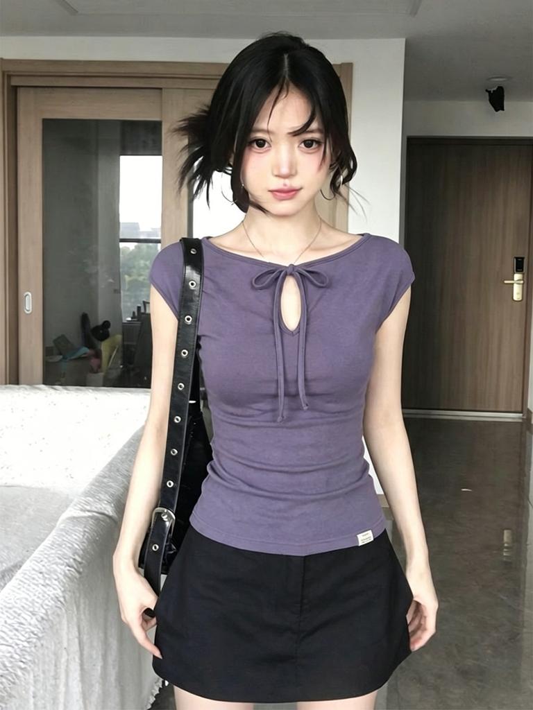 American Spice Girl Style Lace-up Hollow Short Sleeve T-Shirt Women's Summer Pleated Design Sense Waist Skinny Shoulder Top Tee