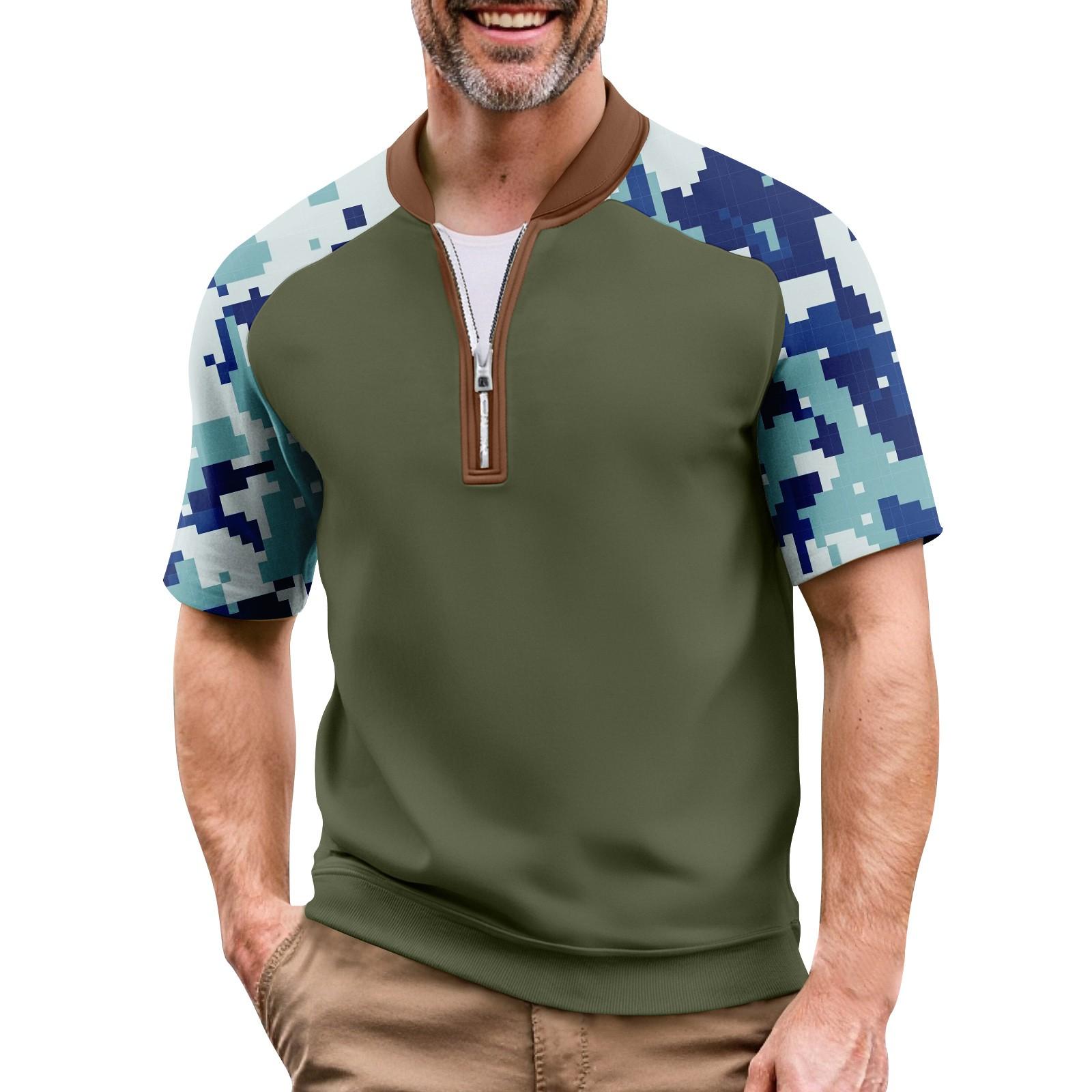 

Men s Summer Camouflage Color Casual T-shirt Sports Breathable Zipper Collar Top XXL
