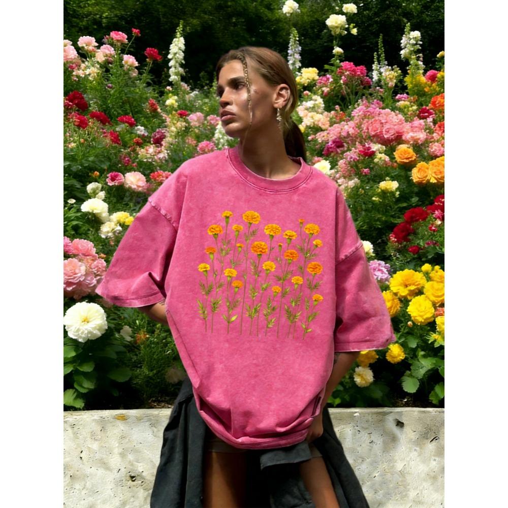 Frische Aquarell-Ringelblumen-Druck Damen Y2K Gewaschenes T-Shirt Übergroßes Baumwoll-T-Shirt Atmungsaktiv Sommer Frau Unisex