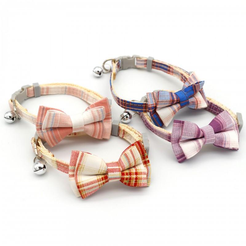 Plaid Pet Collar With Bell Bow Cats Dogs Cute Adjustable Small Medium Pets