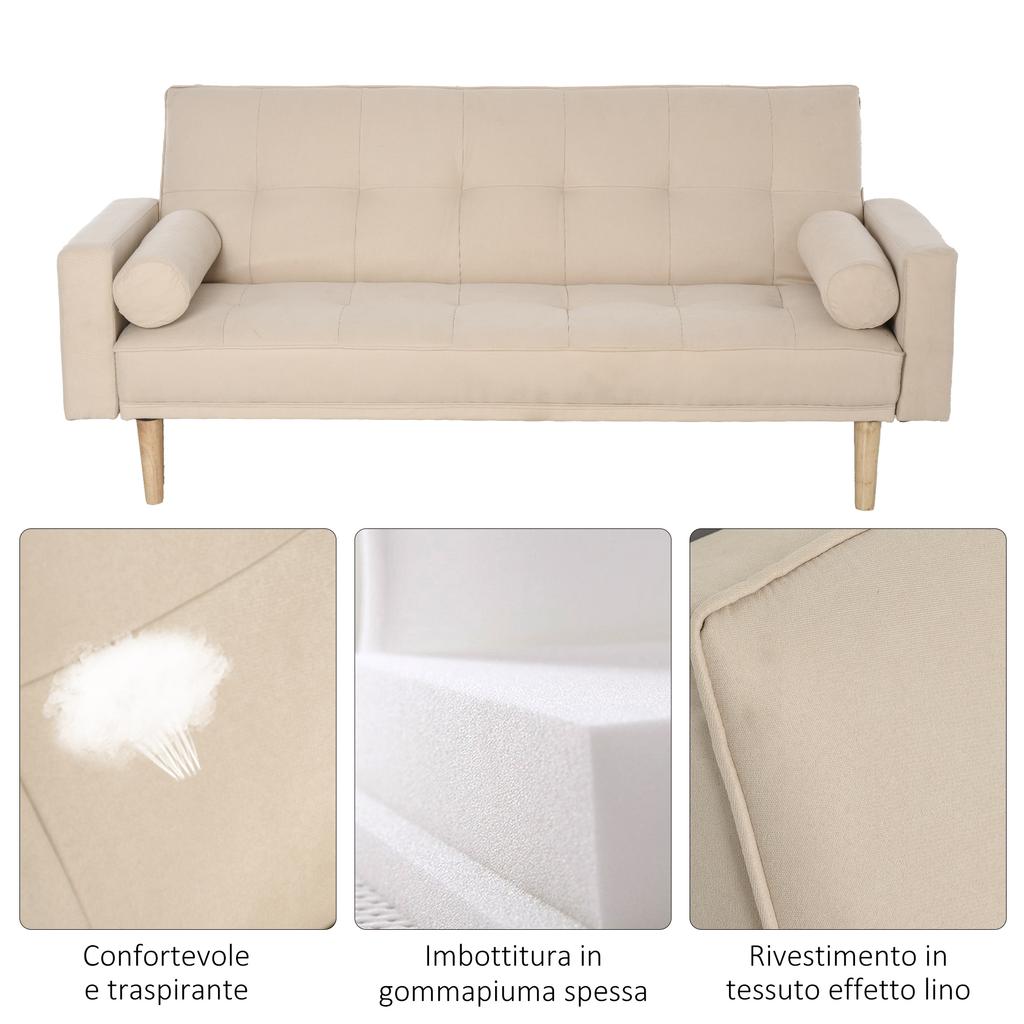 3-Seater Sofa Bed with Backrest Adjustable To 3 Levels, 2 Cushions and Removable Armrests, Beige, 185x84x85cm