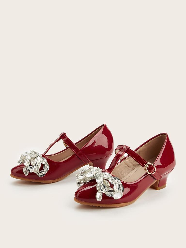 2025 Winter Crystal Flower Bow High Heels for Girls - Pointed Toe Leather Shoes for Small and Medium Children