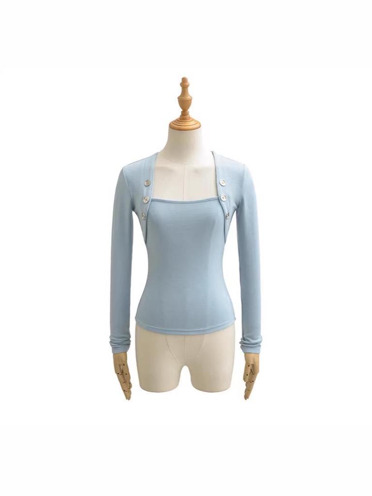 Pure Desire Style Fake Two-Piece Off-Shoulder Imitation Cashmere Square Neck Long-Sleeve Slim Fit Women's Top
