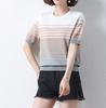 Women's Ice Silk Striped Short-Sleeve T-Shirt, Summer 2023 Style, Belly-Covering Top for Middle-Aged Mothers